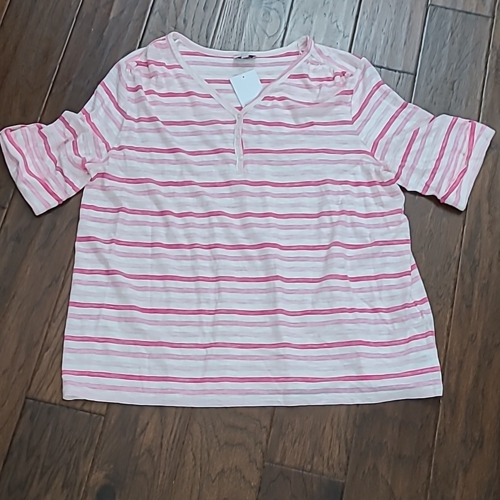 NWT Kim Rogers Pink & White Striped V-neck Top size XL